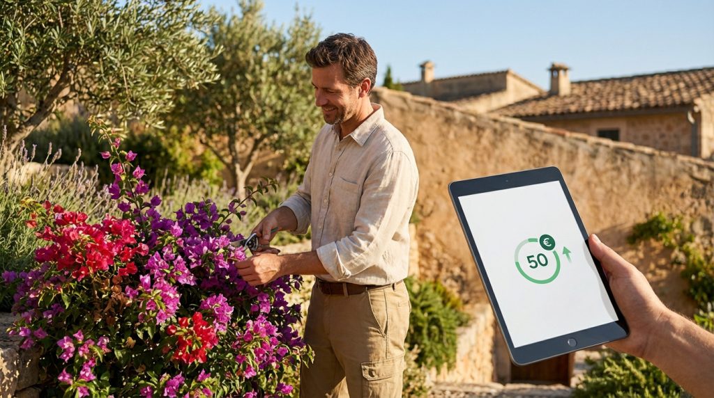 Un homme sourit en taillant des bougainvilliers colorés. Une tablette affiche un crédit de 50€, symbolisant l'avance immédiate.