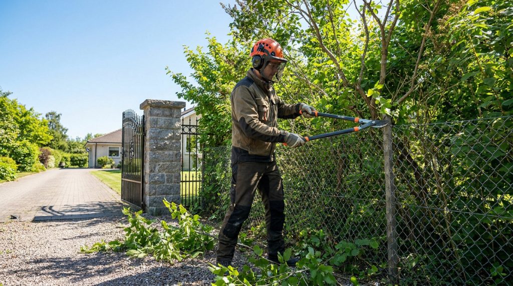 Un professionnel élagueur coupe des branches le long d'une clôture en portant un équipement de protection complet.