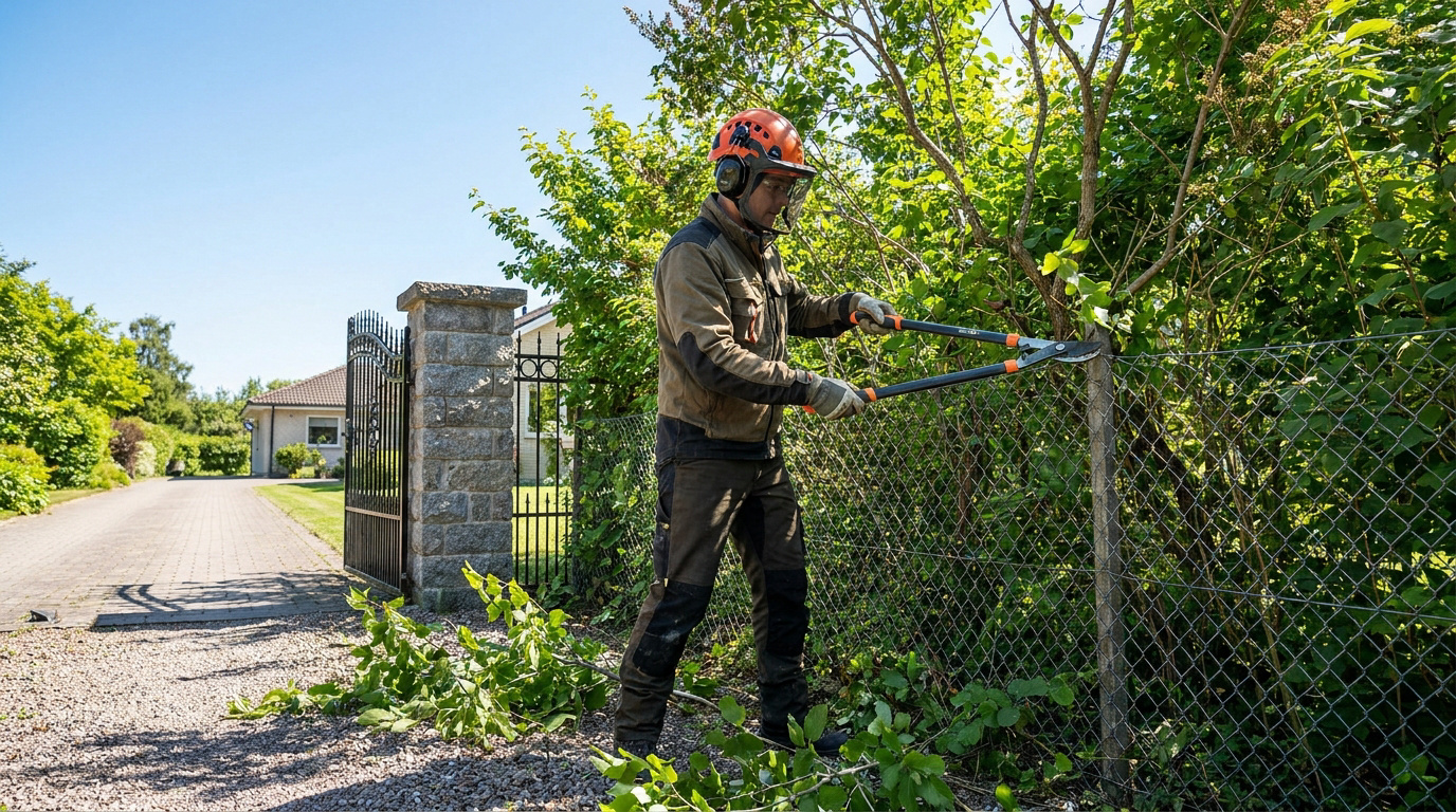 Un professionnel élagueur coupe des branches le long d'une clôture en portant un équipement de protection complet.