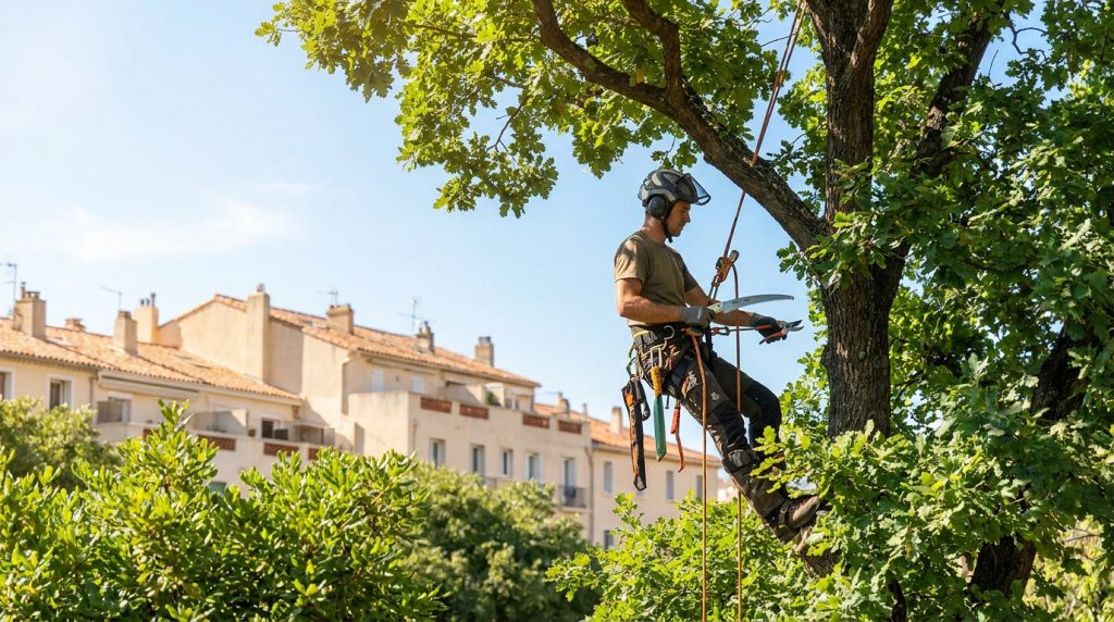 Un élagueur professionnel équipé de cordes et d'un casque effectue des travaux d'entretien dans un arbre à Marseille.