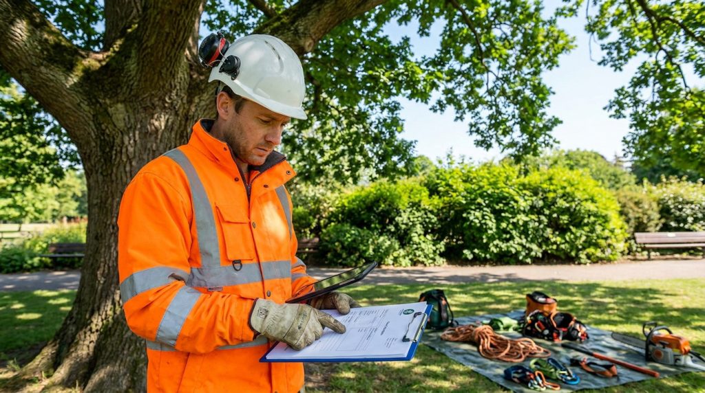 Un élagueur professionnel en équipement de sécurité vérifie des documents administratifs sous un arbre dans un parc.