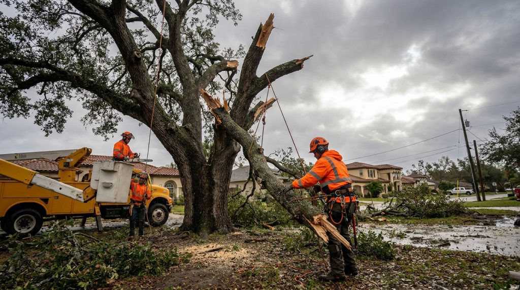Équipe d'élagueurs avec nacelle sécurisant un grand arbre brisé par une tempête dans un quartier résidentiel.