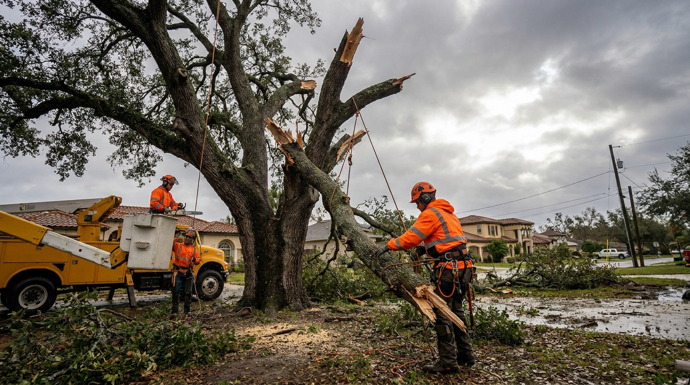Équipe d'élagueurs avec nacelle sécurisant un grand arbre brisé par une tempête dans un quartier résidentiel.