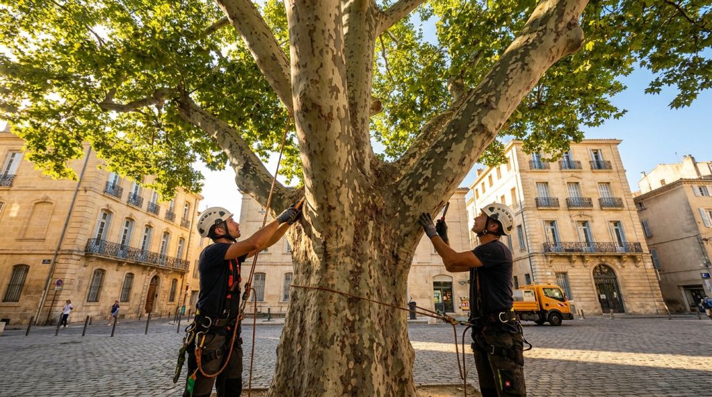Deux élagueurs équipés de casques et de cordages inspectent un grand platane sur une place de Marseille.