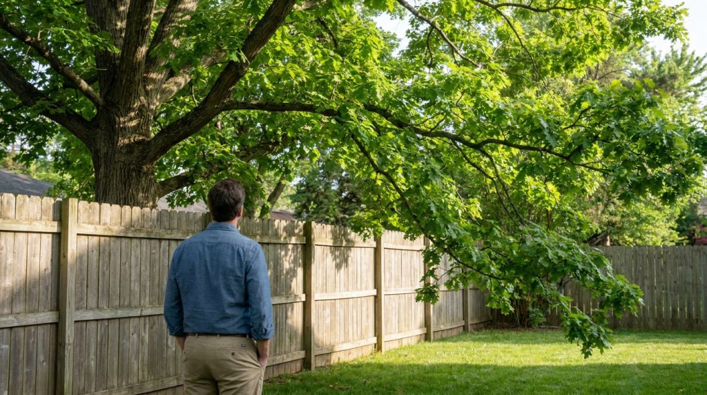 Un homme regarde une branche d'arbre dépassant une clôture en bois dans un jardin.