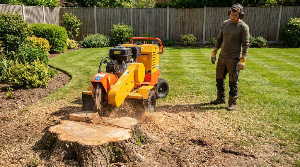 Un professionnel utilise une rogneuse de souche pour éliminer une souche d'arbre dans un jardin privé.