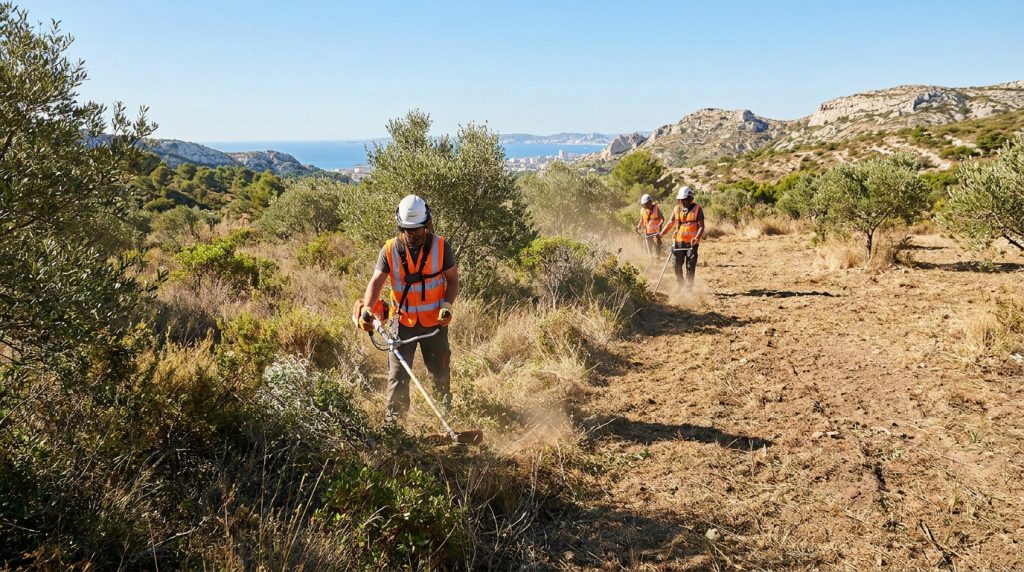 Travailleurs munis de débroussailleuses dans un paysage collinaire près de Marseille.
