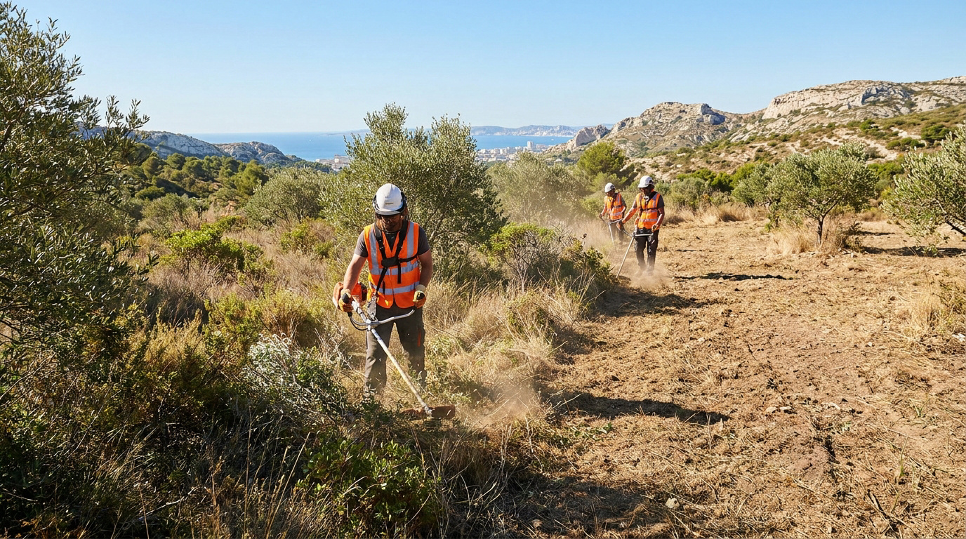 Travailleurs munis de débroussailleuses dans un paysage collinaire près de Marseille.