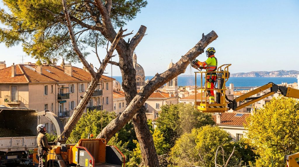 Élagueur professionnel sur nacelle effectuant l'abattage d'un arbre à Marseille avec la mer en arrière-plan.