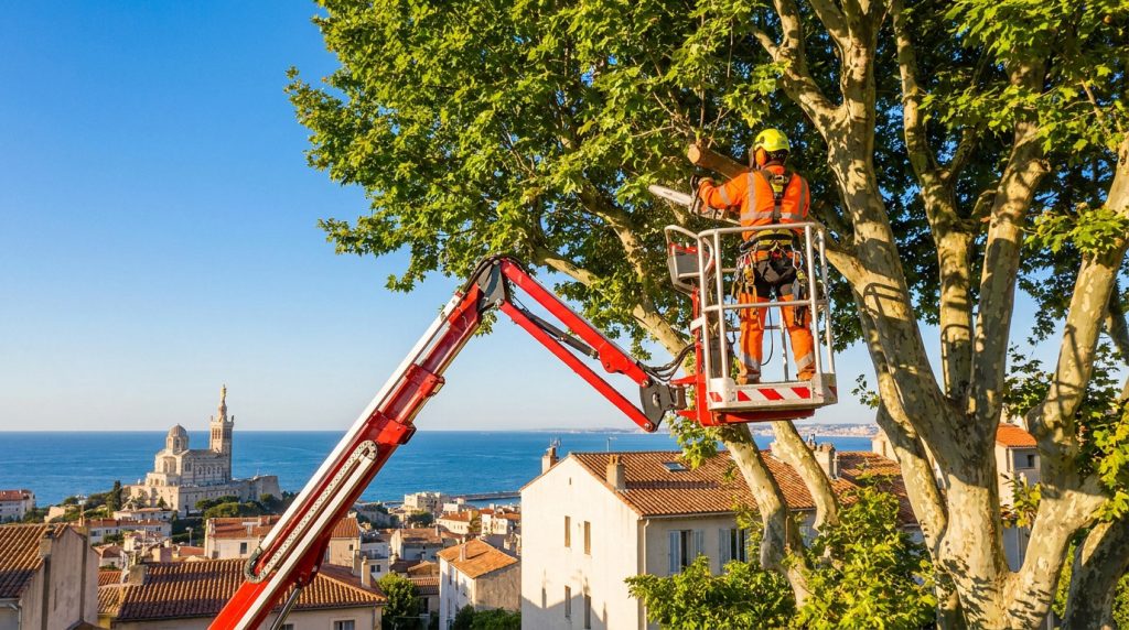 Un élagueur dans une nacelle élévatrice taille un arbre avec une vue sur la basilique Notre-Dame de la Garde à Marseille.