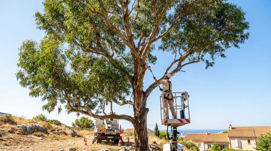 Un élagueur utilisant une perche télescopique pour tailler les branches hautes d'un eucalyptus depuis une nacelle.
