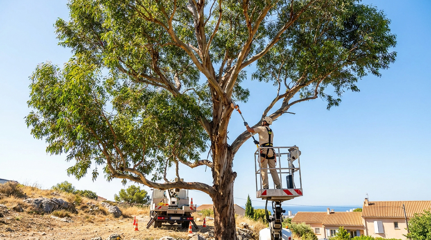 Un élagueur utilisant une perche télescopique pour tailler les branches hautes d'un eucalyptus depuis une nacelle.