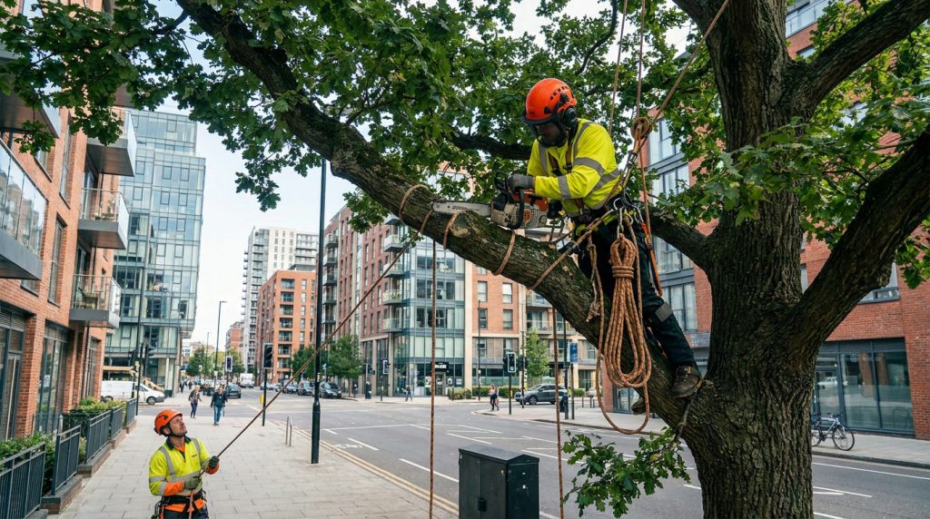 Élagueur professionnel utilisant une tronçonneuse dans un arbre en ville, assisté par un collègue au sol.