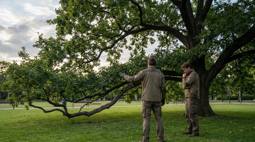 Deux arboristes examinant un grand chêne dans un parc pour évaluer la nécessité d'un élagage ou d'un abattage.