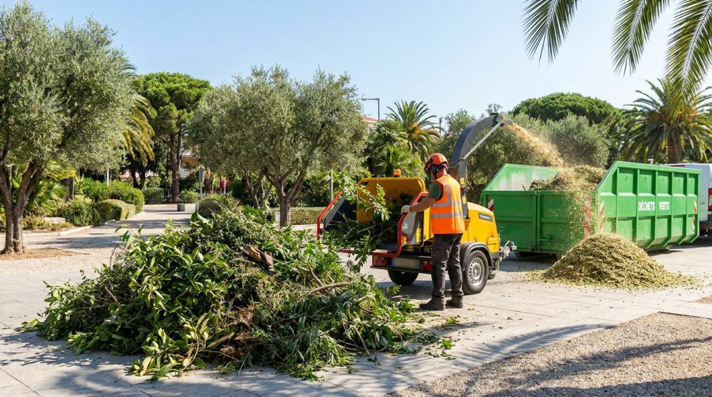 Un professionnel en gilet orange utilisant un broyeur de branches pour charger une benne à déchets verts.