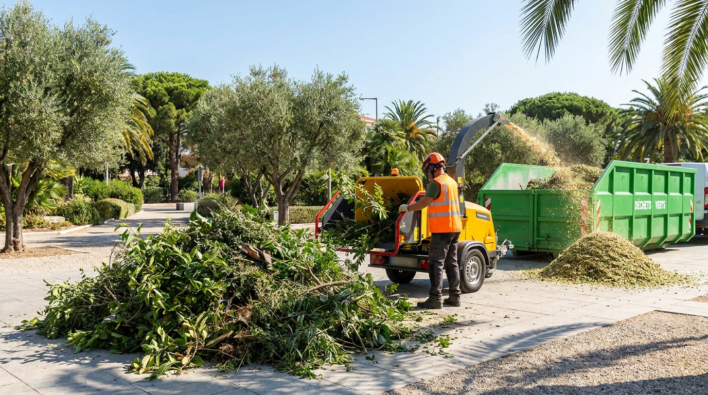 Un professionnel en gilet orange utilisant un broyeur de branches pour charger une benne à déchets verts.