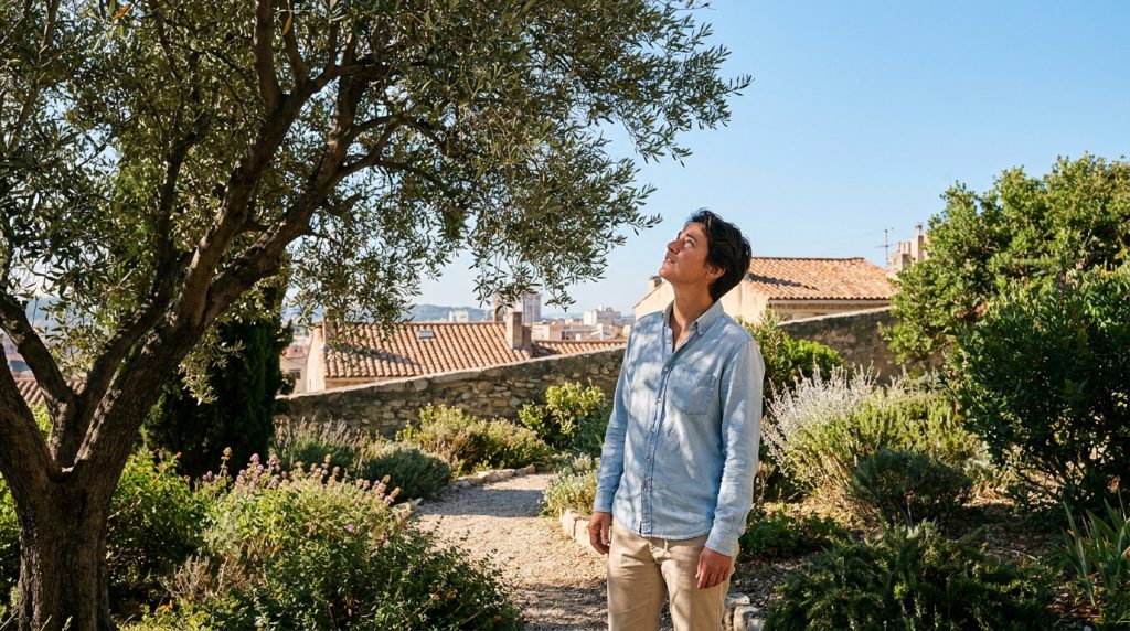 Une personne regarde vers le haut un olivier dans un jardin méditerranéen ensoleillé.
