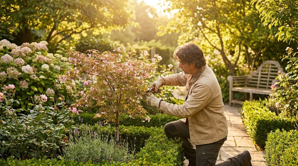 Un jardinier taille un petit arbre dans un jardin ensoleillé lors d'une belle journée d'été.