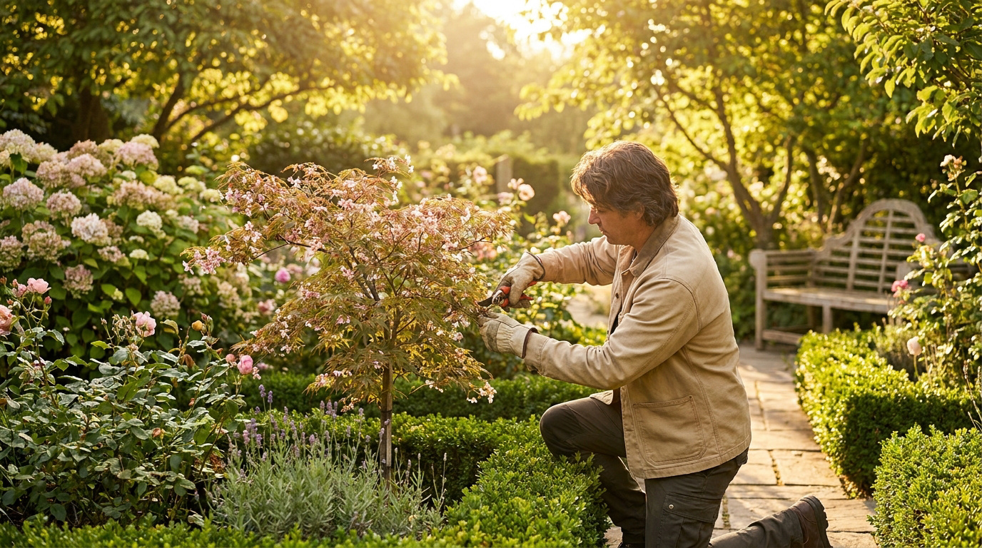 Un jardinier taille un petit arbre dans un jardin ensoleillé lors d'une belle journée d'été.