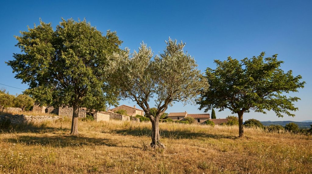 Trois arbres feuillus dans un champ sec sous un ciel bleu avec des bâtiments en pierre en arrière-plan.