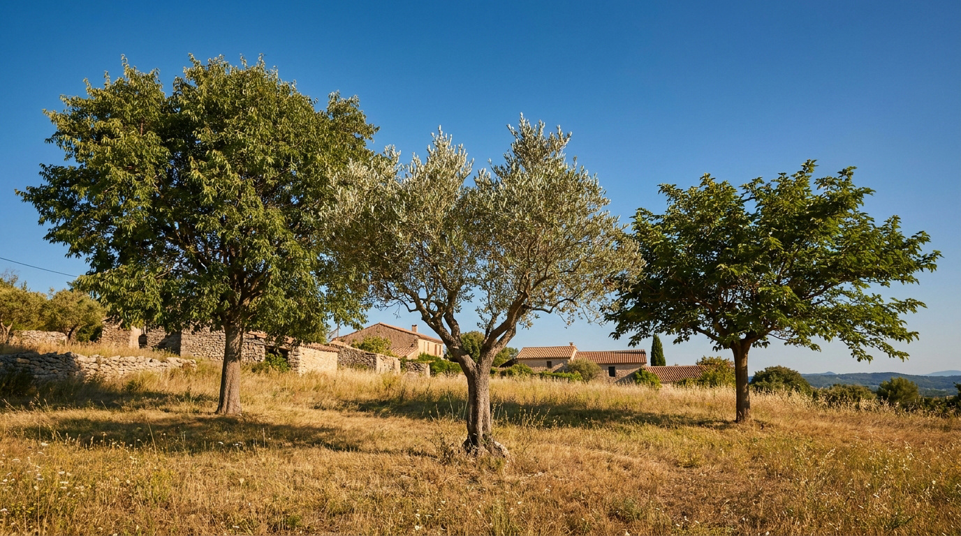 Trois arbres feuillus dans un champ sec sous un ciel bleu avec des bâtiments en pierre en arrière-plan.