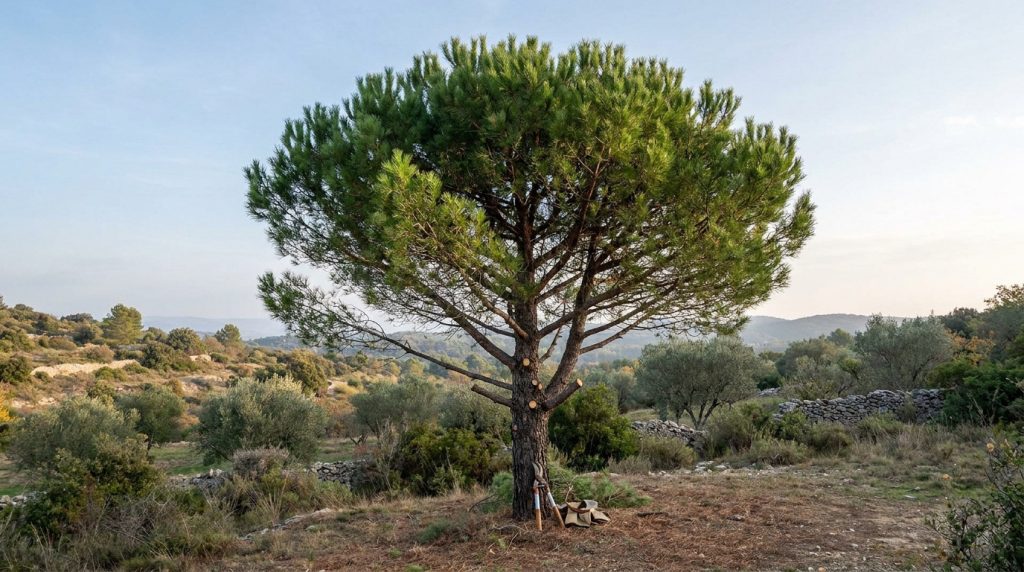 Un pin d'Alep taillé avec des outils de jardinage posés au pied, dans un paysage provençal typique.