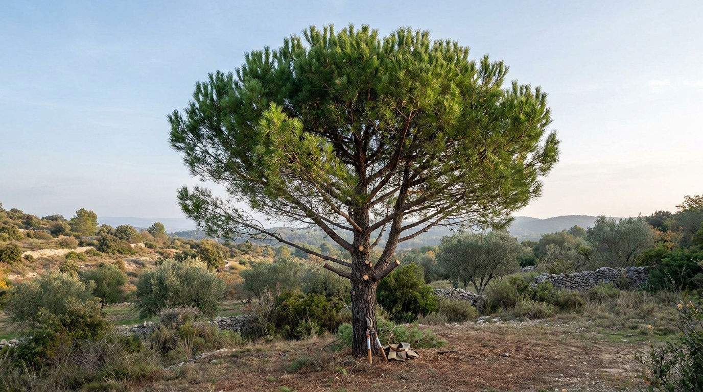 Un pin d'Alep taillé avec des outils de jardinage posés au pied, dans un paysage provençal typique.