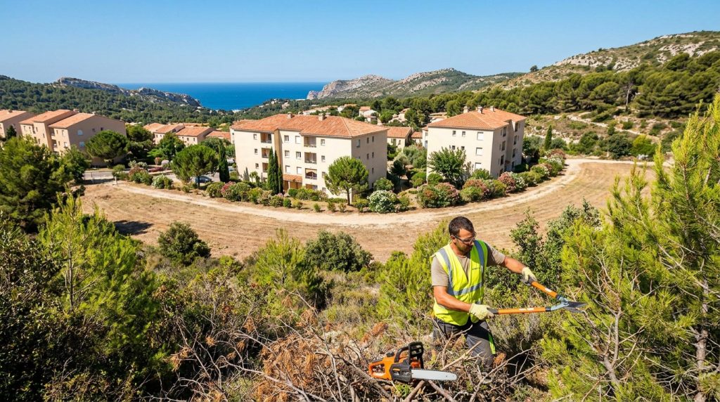 Un professionnel élague des arbres près d'une résidence à Marseille pour prévenir les risques d'incendie de forêt.