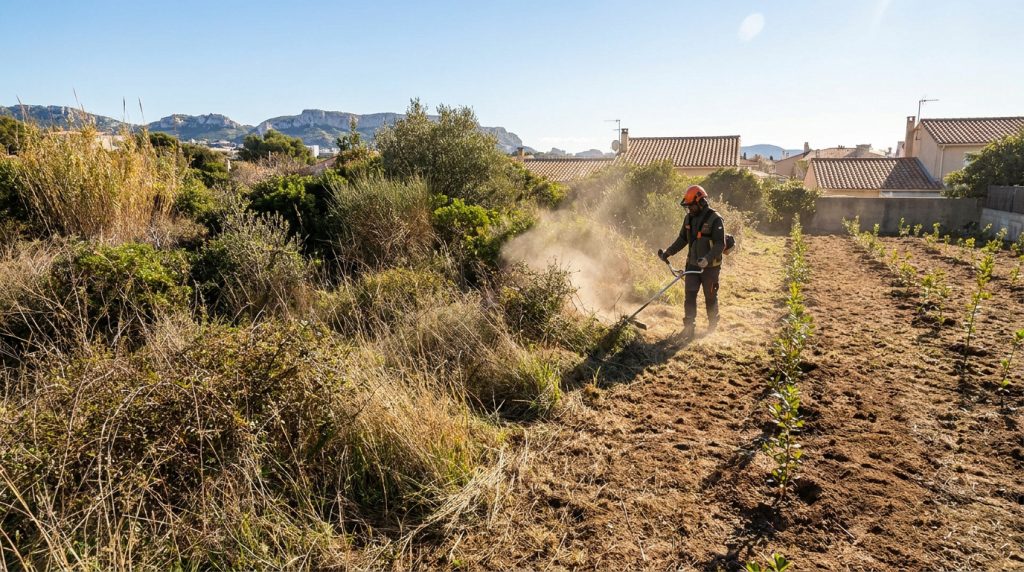 Un jardinier professionnel équipé d'une débroussailleuse nettoie une friche sous un ciel ensoleillé à Marseille.