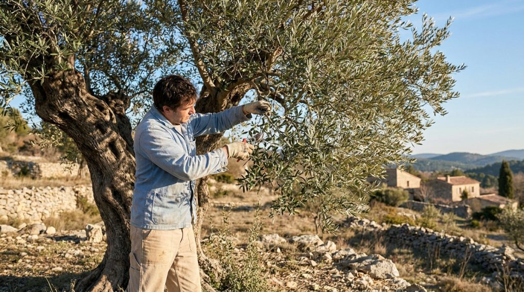 Un homme taille un olivier avec un sécateur dans un paysage ensoleillé près de Marseille.