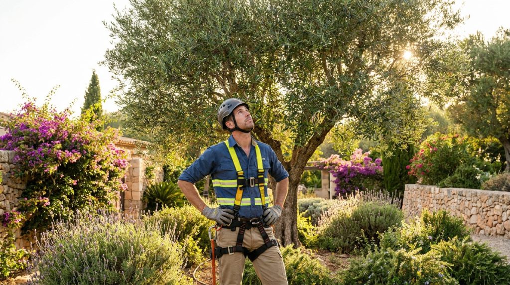 Un élagueur professionnel portant un casque et un harnais de sécurité regarde attentivement un olivier dans un jardin.