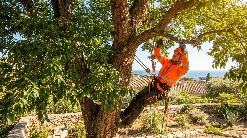 Un élagueur en tenue de sécurité orange taille les branches d'un grand micocoulier avec vue sur la mer en arrière-plan.