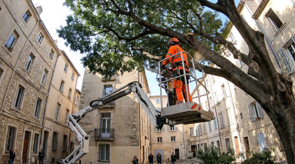 Un élagueur en équipement orange utilise une tronçonneuse dans une nacelle élévatrice entre deux immeubles anciens.