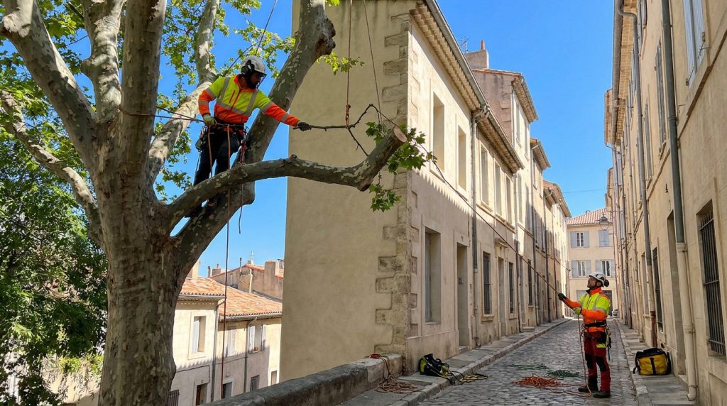 Élagueur dans un arbre et son collègue au sol utilisant des cordes pour sécuriser le démontage d'une branche.