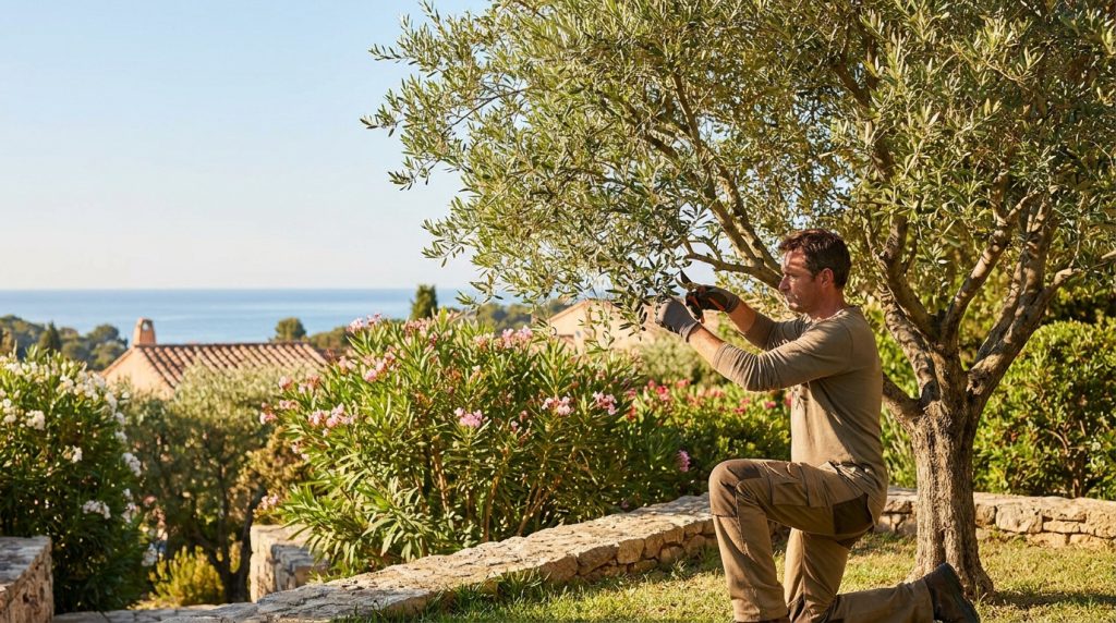 Un homme agenouillé taille un olivier avec un sécateur dans un jardin ensoleillé avec vue sur la mer.