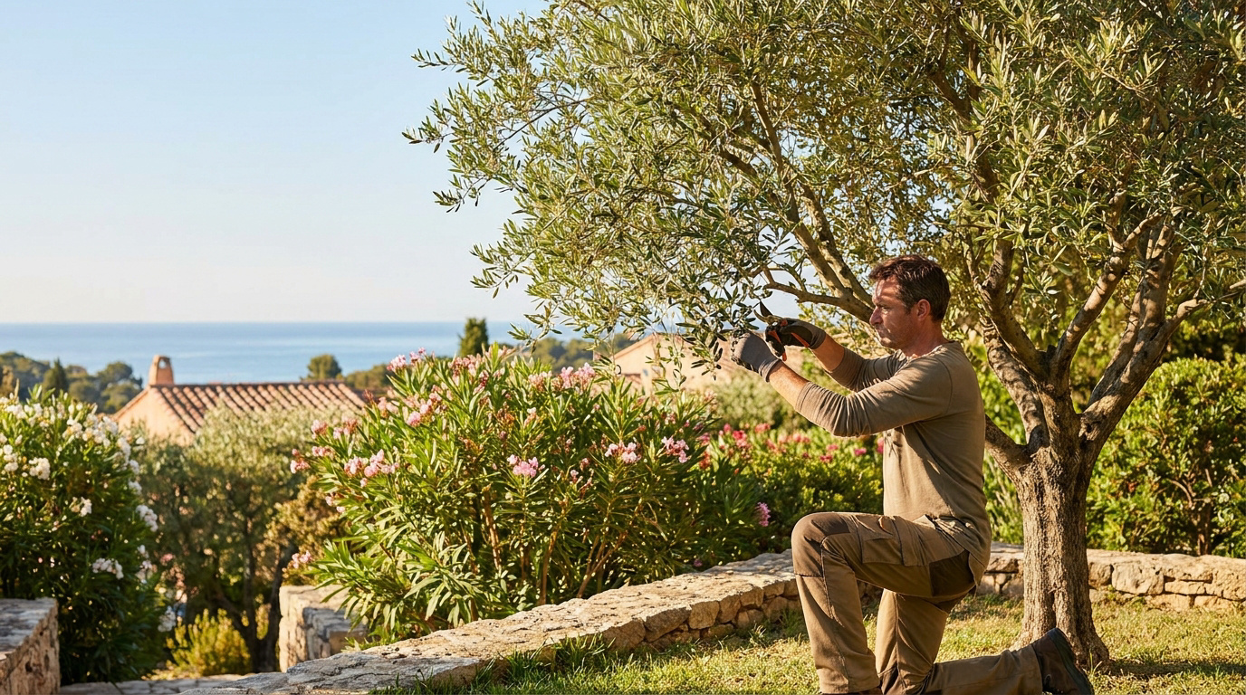 Un homme agenouillé taille un olivier avec un sécateur dans un jardin ensoleillé avec vue sur la mer.