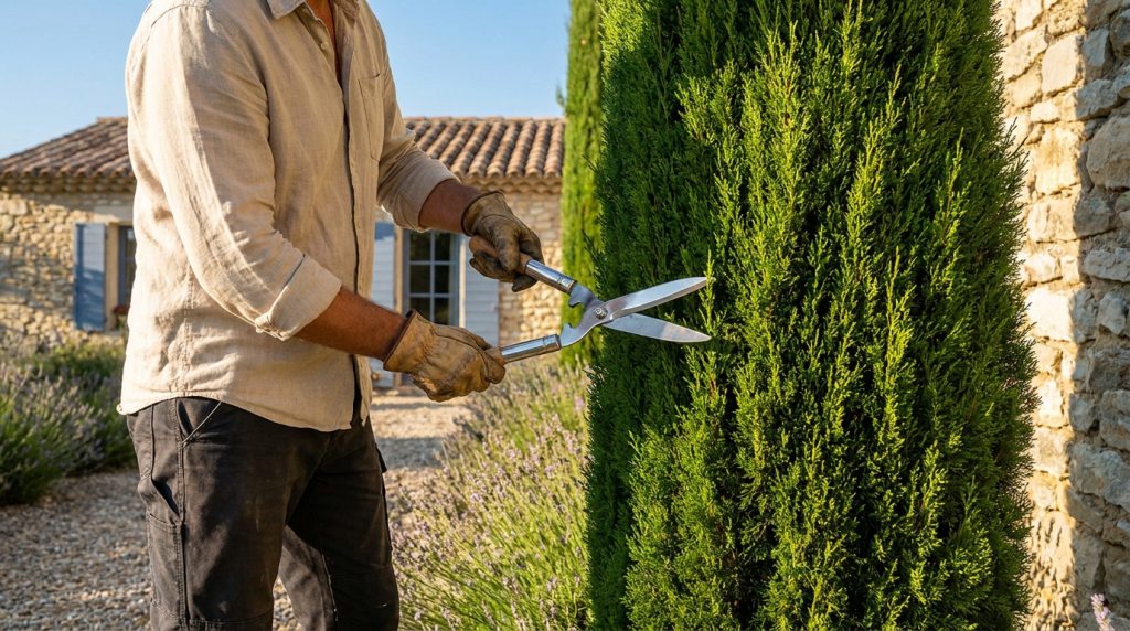 Un jardinier portant des gants de travail taille une haie de cyprès avec un grand sécateur manuel dans un jardin.