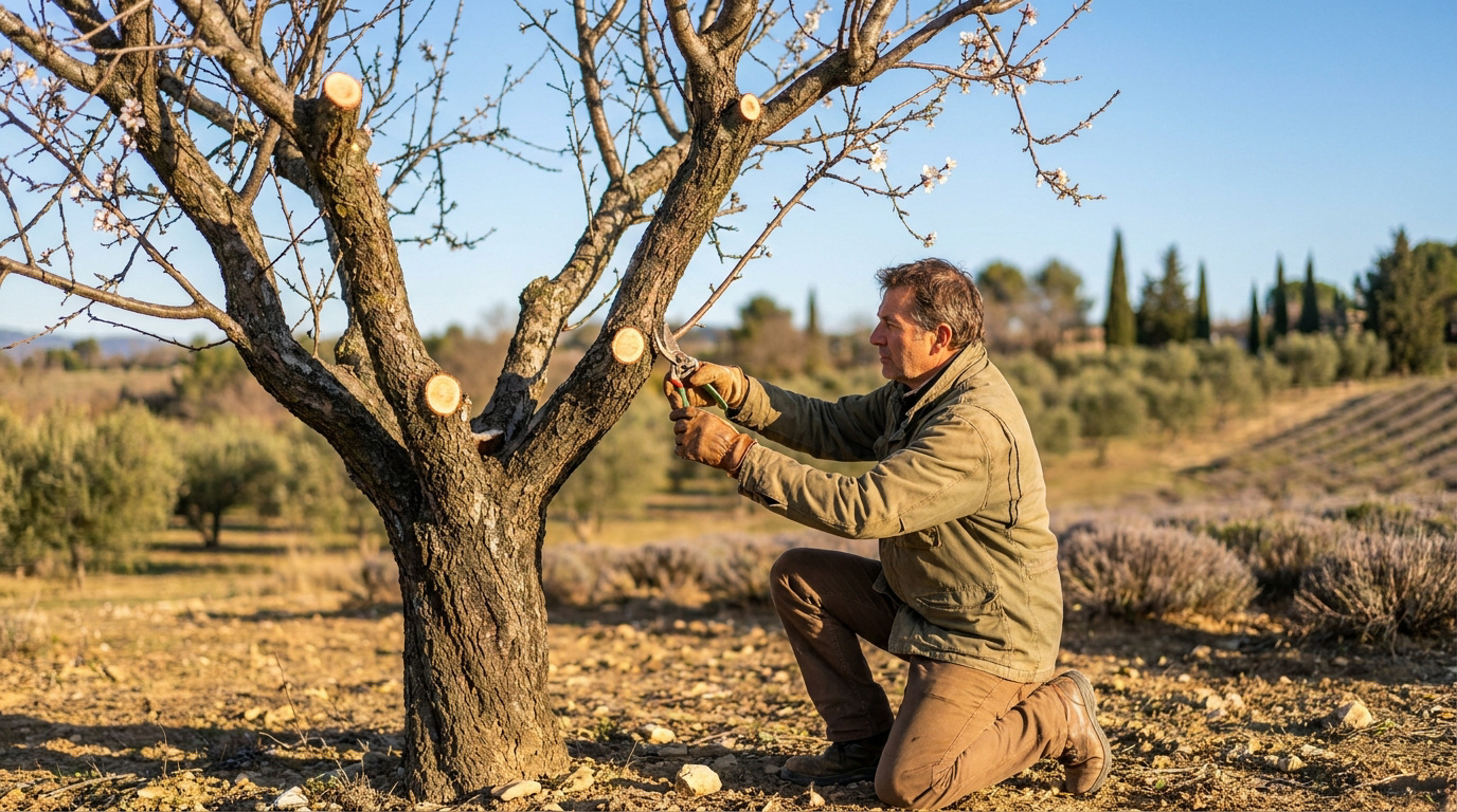Un arboriculteur taille un amandier en fleurs dans un verger ensoleillé en Provence.