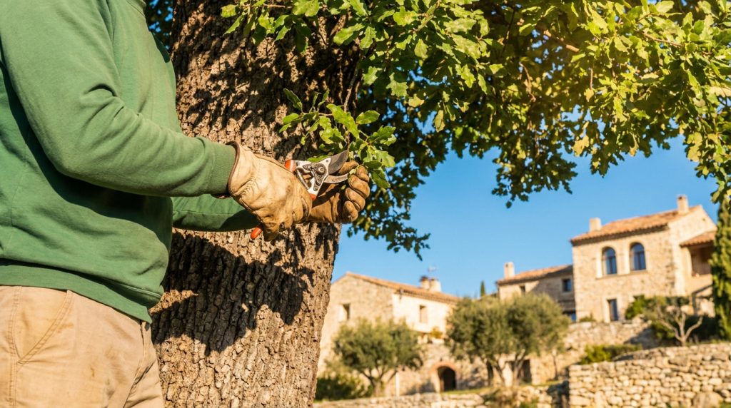 Un jardinier portant des gants en cuir utilise un sécateur pour tailler les branches d'un chêne dans un jardin ensoleillé.