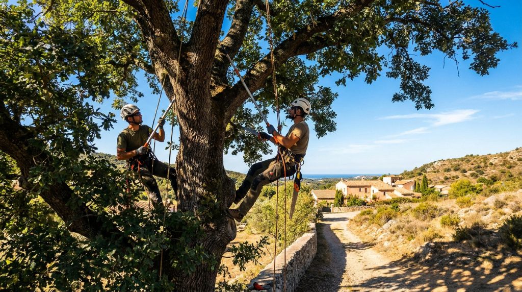 Deux élagueurs professionnels équipés de cordes et de scies taillent un grand chêne vert sous un ciel ensoleillé.