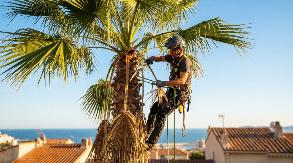 Un élagueur professionnel sécurisé par des cordes taille un palmier avec une scie devant un paysage méditerranéen.