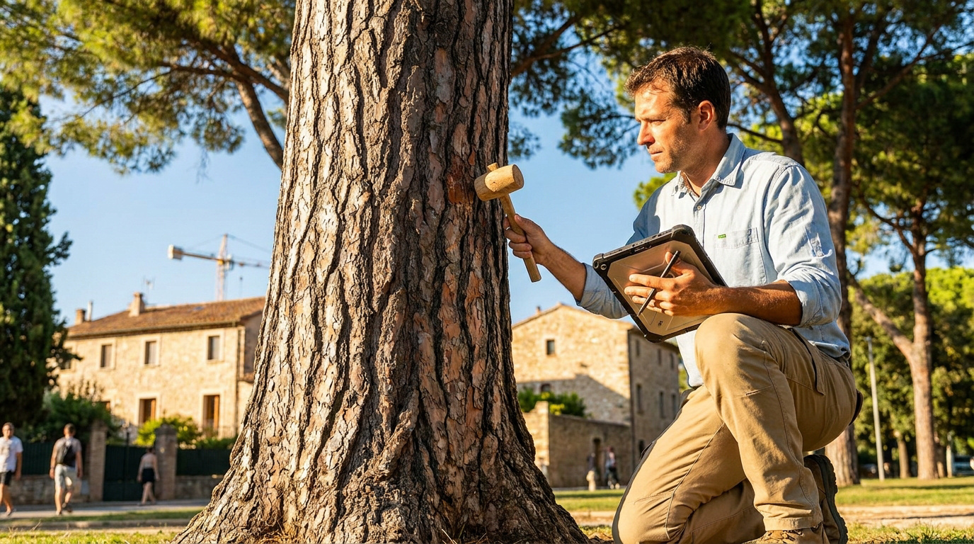 Un expert arboriste examine la solidité d'un tronc de pin avec un maillet et une tablette numérique dans un parc.