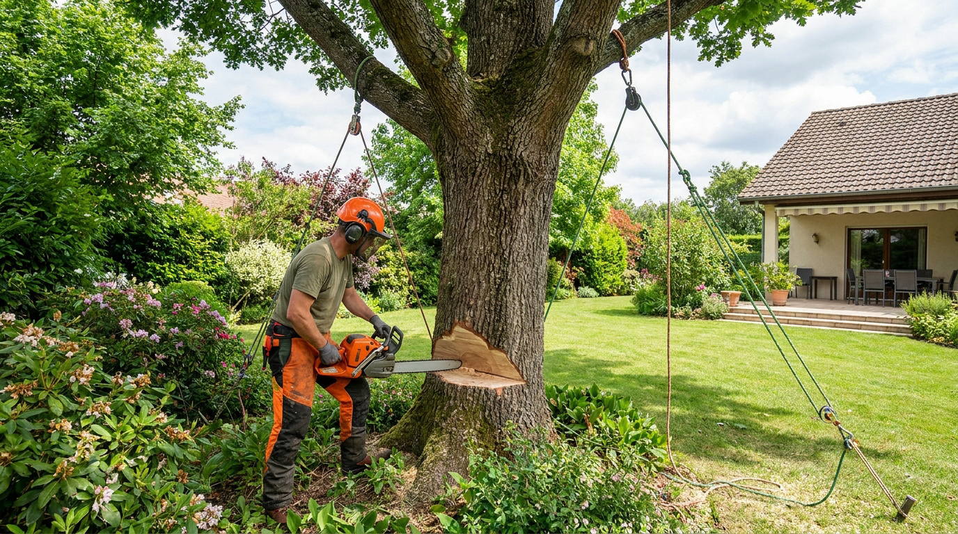 Un élagueur professionnel équipé effectuant une entaille directionnelle sur un grand arbre dans un jardin.