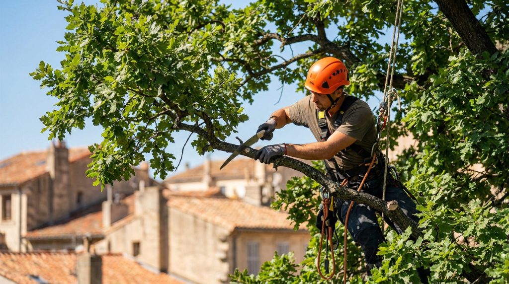 Un élagueur professionnel équipé d'un casque orange et d'un harnais coupe une branche d'arbre avec une scie à main.