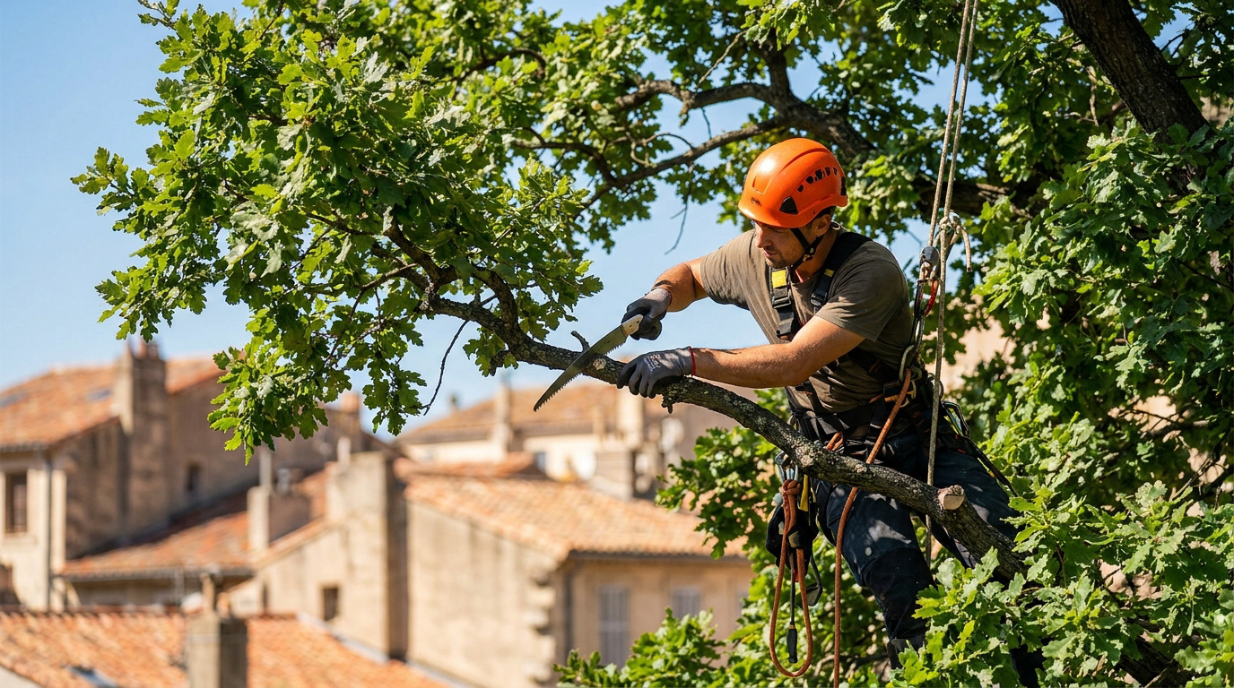 Un élagueur professionnel équipé d'un casque orange et d'un harnais coupe une branche d'arbre avec une scie à main.
