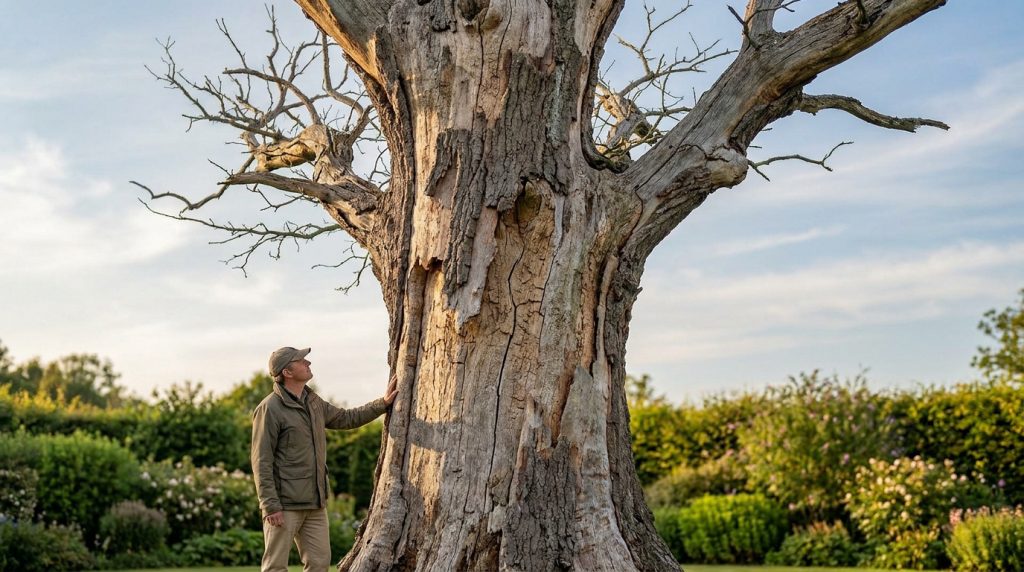 Un homme en tenue décontractée examine le tronc d'un grand arbre mort et dénudé dans un jardin.