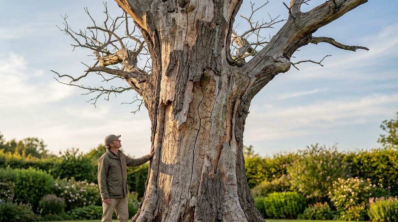 Un homme en tenue décontractée examine le tronc d'un grand arbre mort et dénudé dans un jardin.