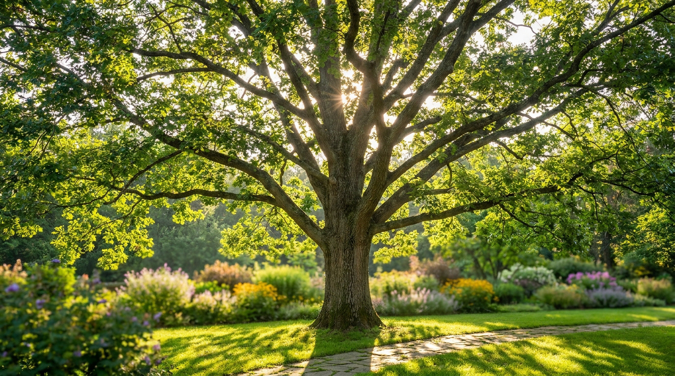 Un grand chêne majestueux dans un jardin ensoleillé, avec la lumière du soleil perçant à travers ses branches feuillues.
