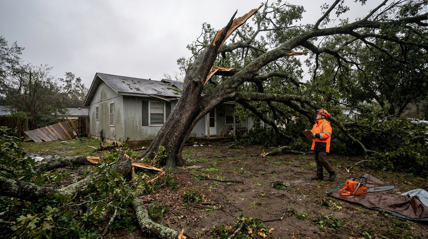 Un expert forestier en équipement de sécurité examine un grand arbre tombé sur le toit d'une maison après une tempête.