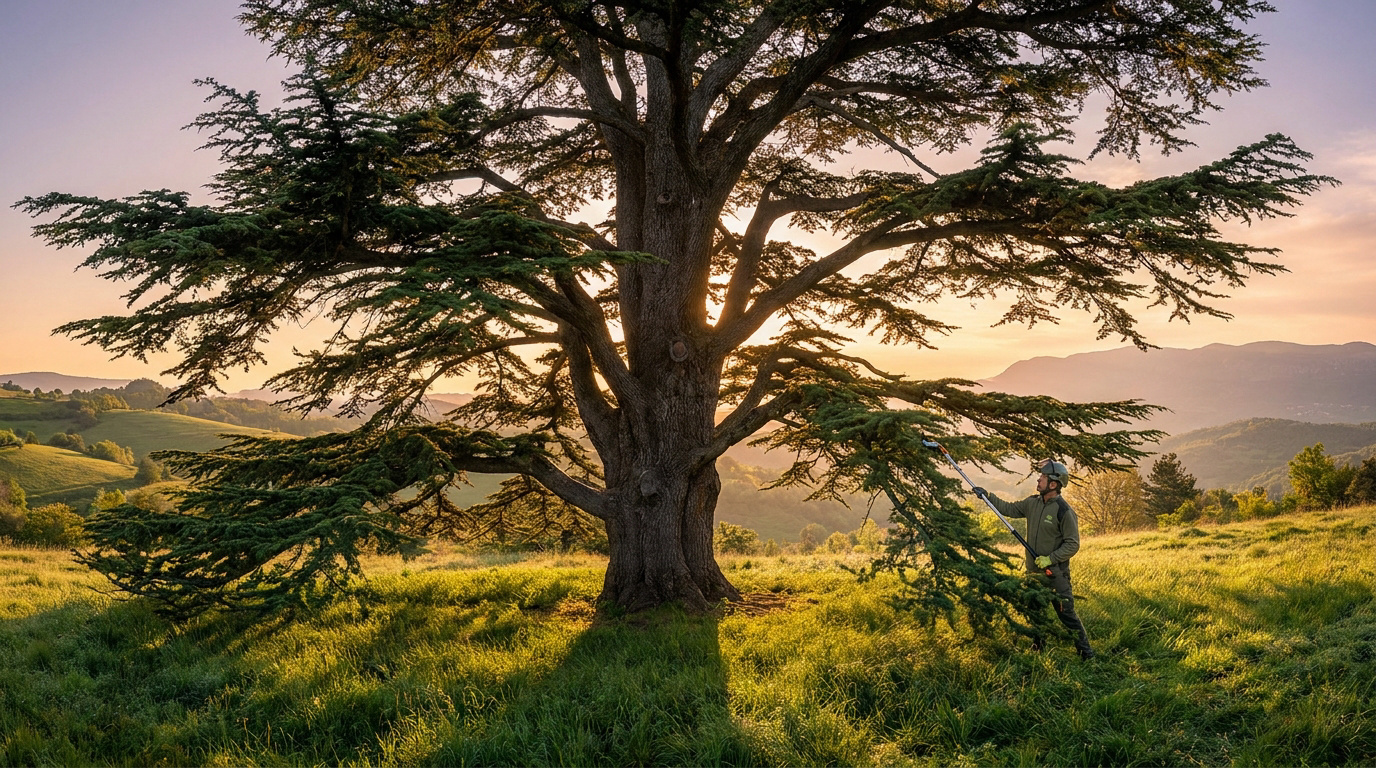Un élagueur professionnel taille une branche de cèdre du Liban majestueux dans un paysage vallonné au coucher du soleil.